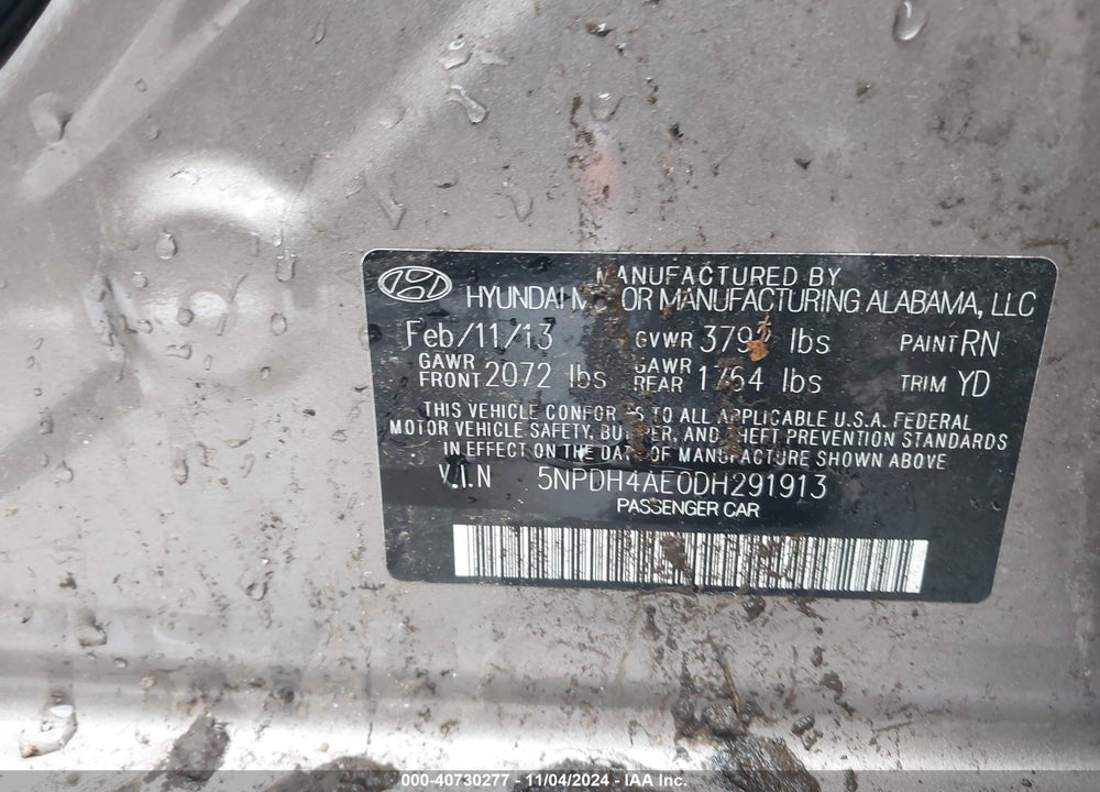 2013 HYUNDAI ELANTRA LIMITED VIN: 5NPDH4AE0DH291913