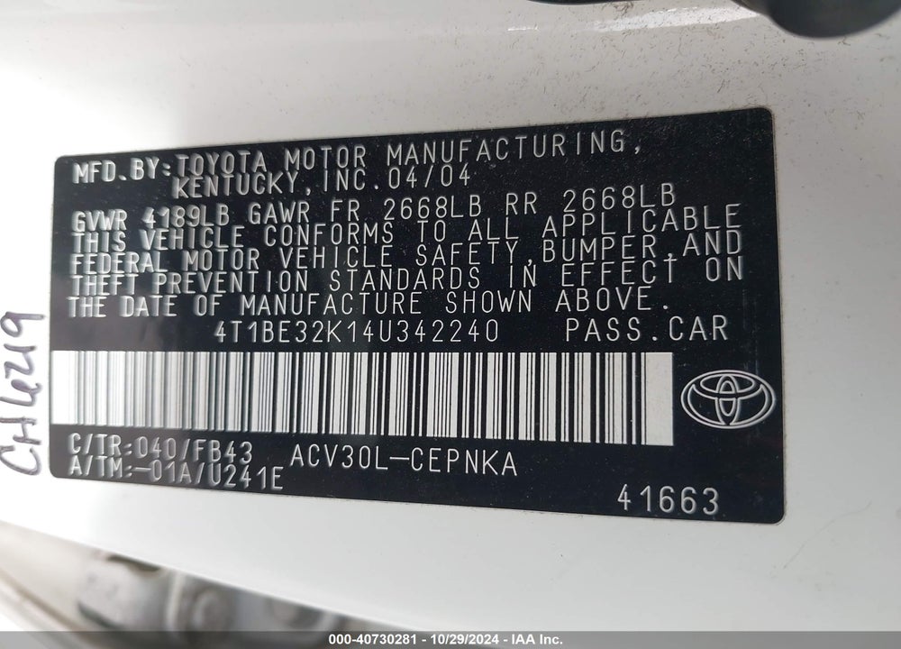 2004 TOYOTA CAMRY LE VIN: 4T1BE32K14U342240