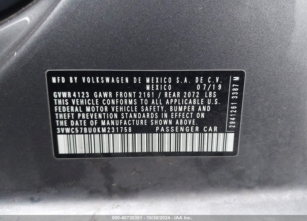 2019 VOLKSWAGEN JETTA 1.4T R-LINE/1.4T S/1.4T SE VIN: 3VWC57BU0KM231758
