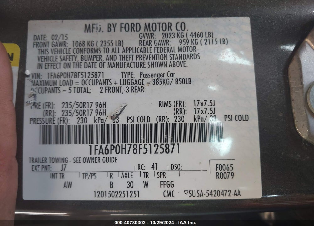 2015 FORD FUSION SE VIN: 1FA6P0H78F5125871