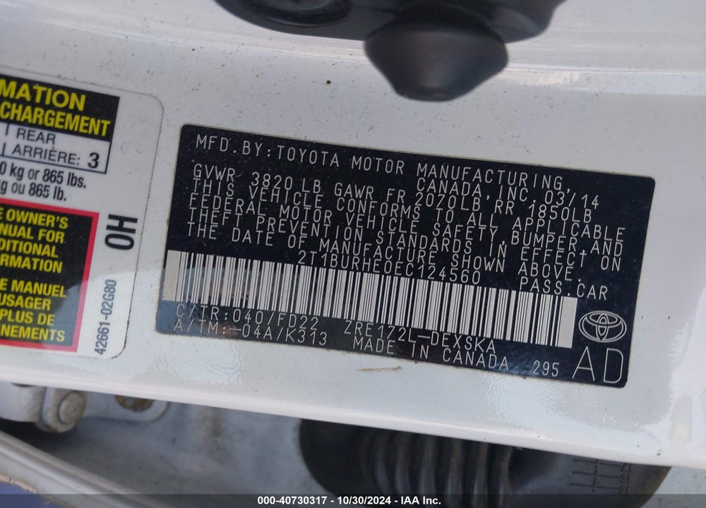 2014 TOYOTA COROLLA S PLUS VIN: 2T1BURHE0EC124560