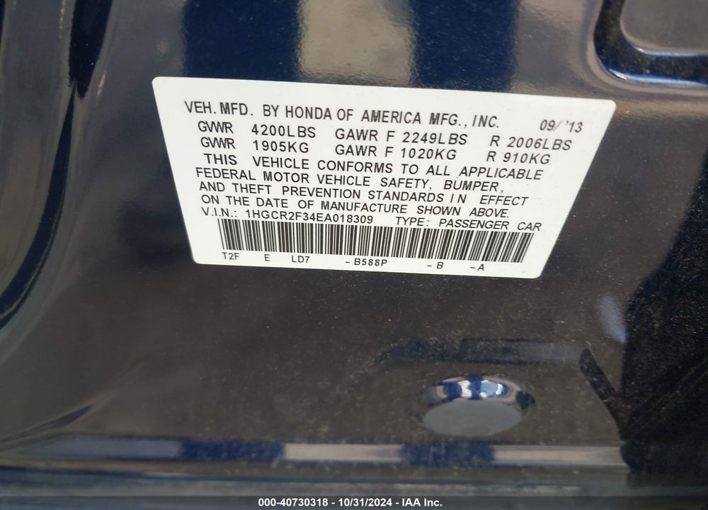 2014 HONDA ACCORD LX VIN: 1HGCR2F34EA018309