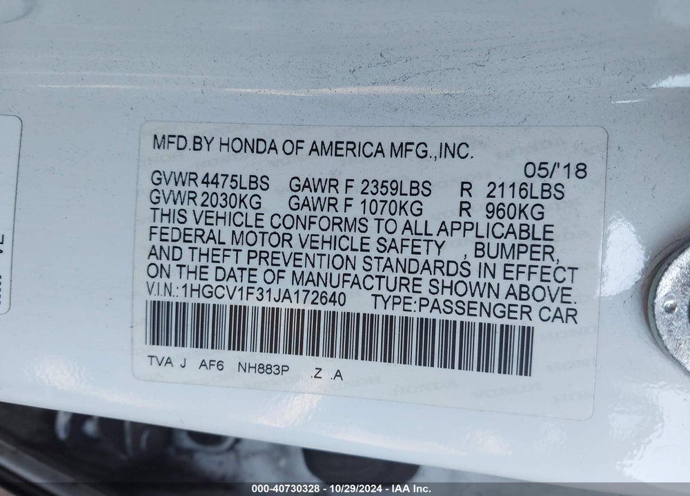 2018 HONDA ACCORD SPORT VIN: 1HGCV1F31JA172640