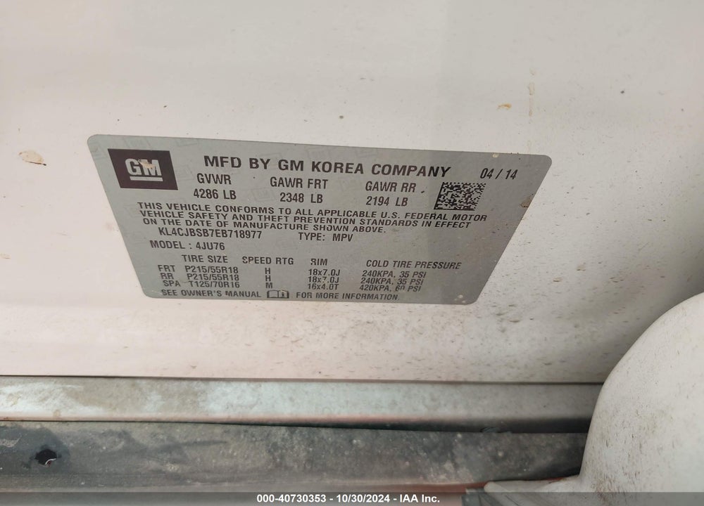 2014 BUICK ENCORE CONVENIENCE VIN: KL4CJBSB7EB718977