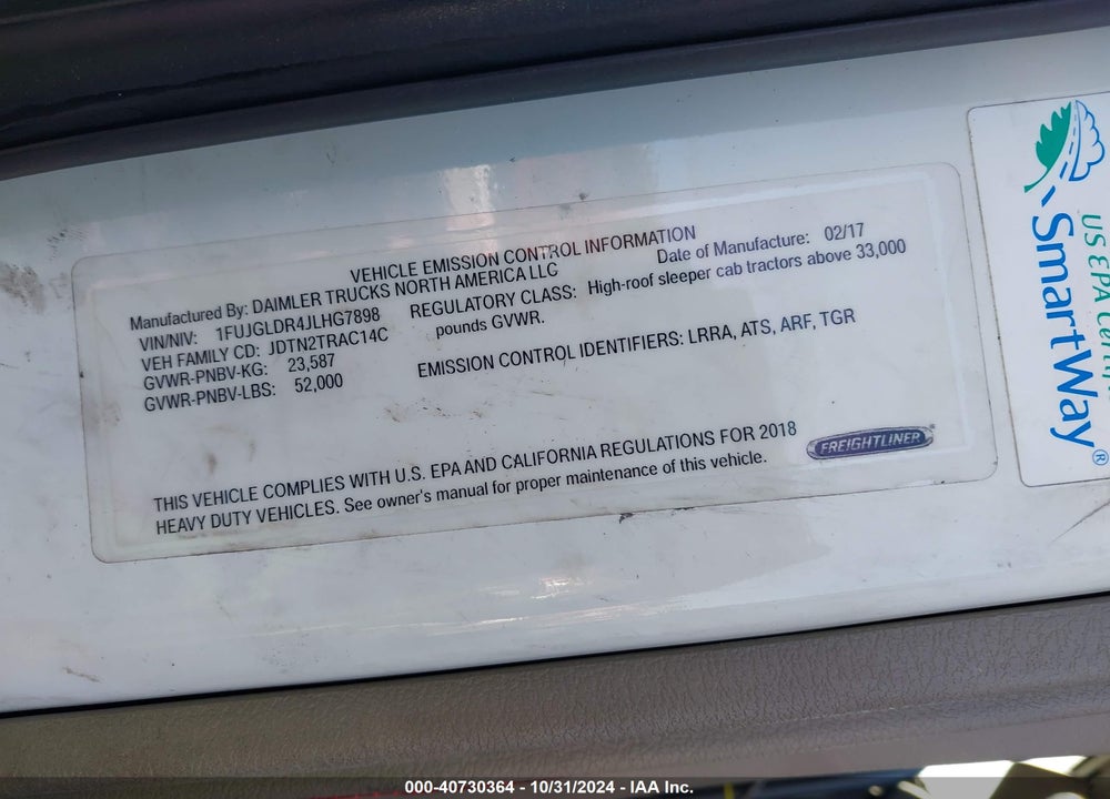 2018 FREIGHTLINER CASCADIA 125 VIN: 1FUJGLDR4JLHG7898