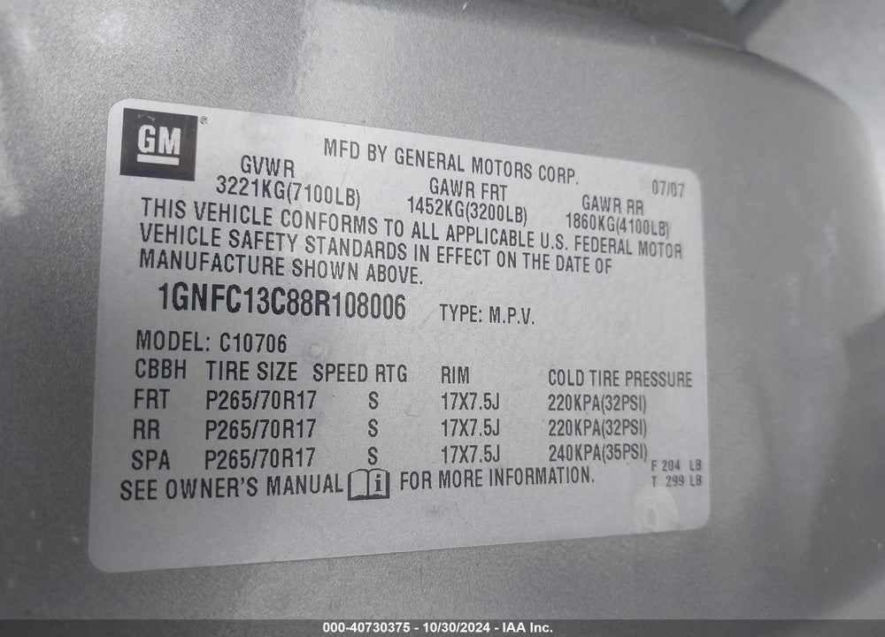 2008 CHEVROLET TAHOE LS VIN: 1GNFC13C88R108006