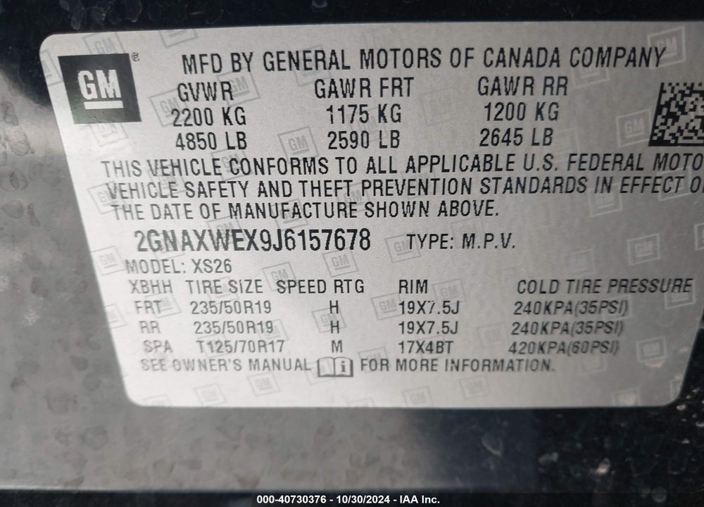 2018 CHEVROLET EQUINOX PREMIER VIN: 2GNAXWEX9J6157678