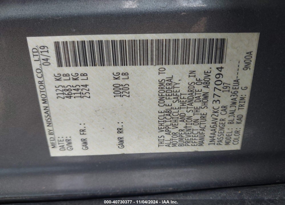 2019 NISSAN MAXIMA VIN: 1N4AA6AV2KC377094