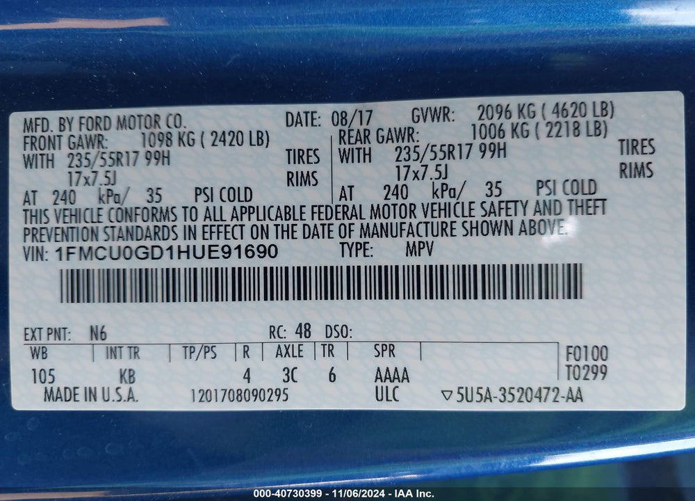 2017 FORD ESCAPE SE VIN: 1FMCU0GD1HUE91690
