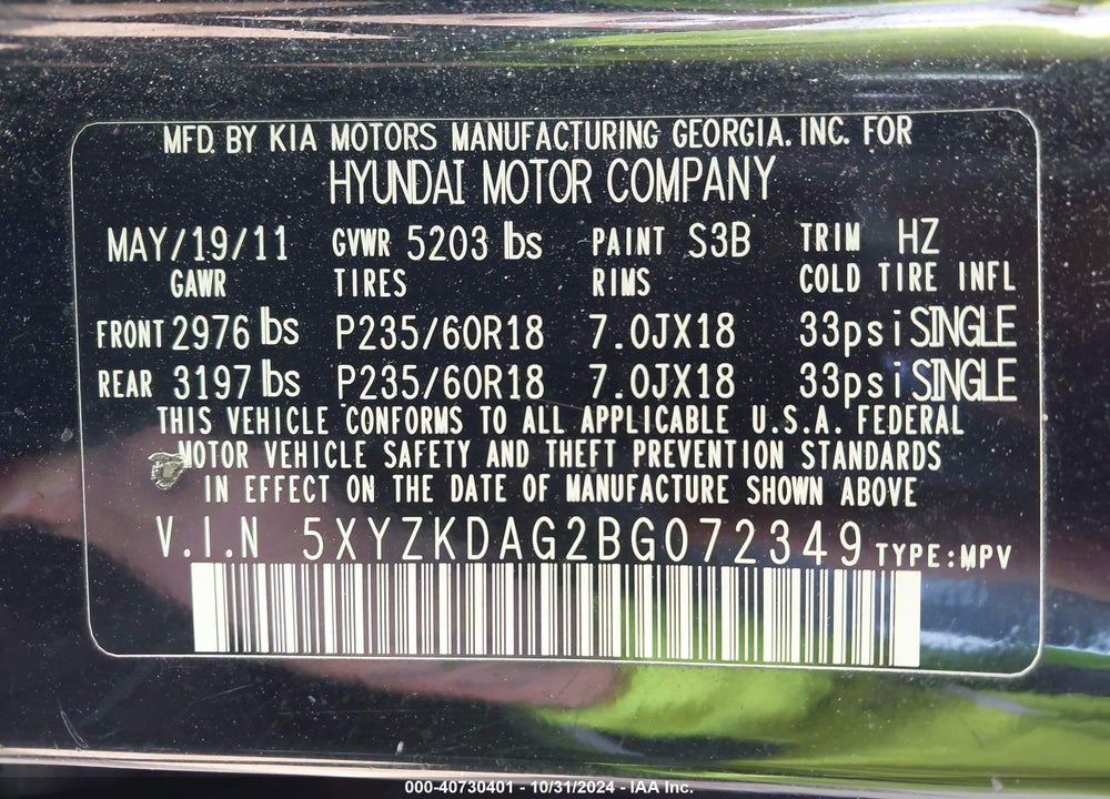 2011 HYUNDAI SANTA FE LIMITED V6 VIN: 5XYZKDAG2BG072349