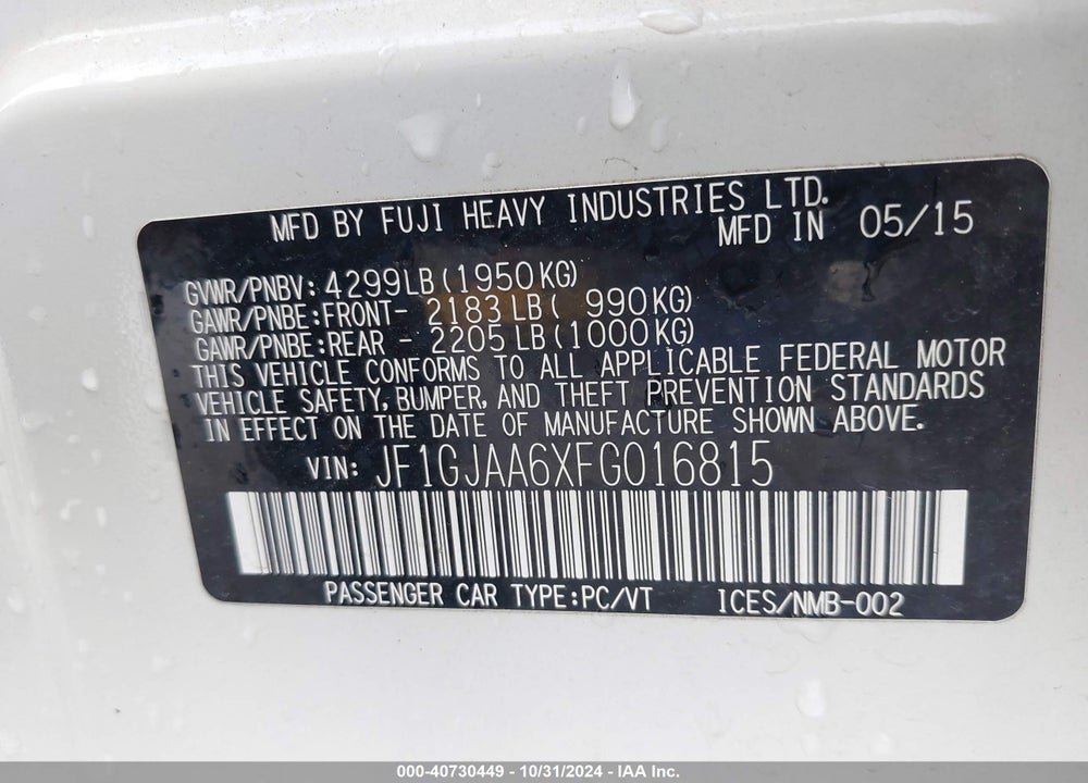 2015 SUBARU IMPREZA VIN: JF1GJAA6XFG016815