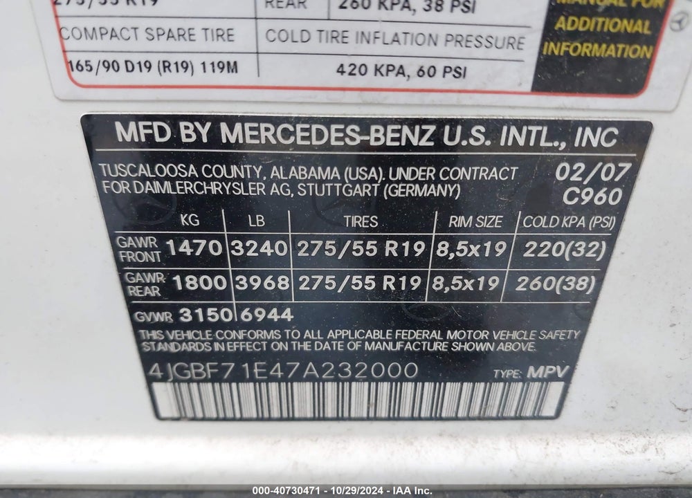 2007 MERCEDES-BENZ GL 450 4MATIC VIN: 4JGBF71E47A232000