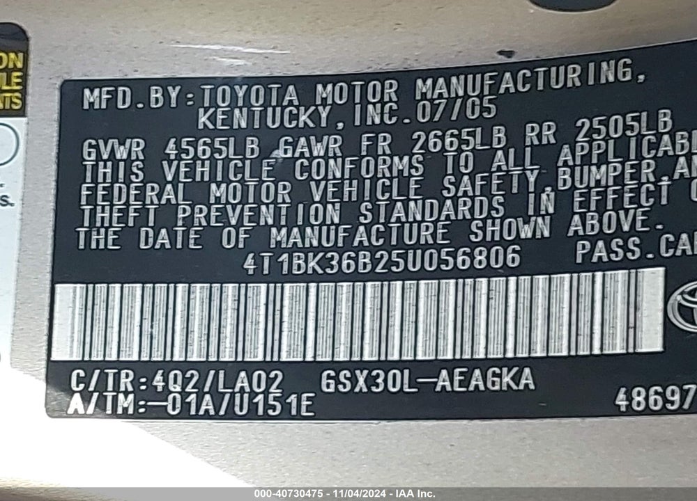 2005 TOYOTA AVALON XLS VIN: 4T1BK36B25U056806