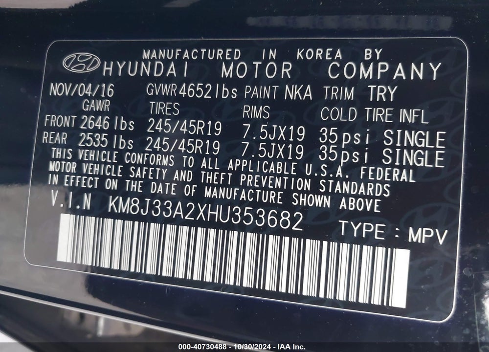 2017 HYUNDAI TUCSON SPORT VIN: KM8J33A2XHU353682