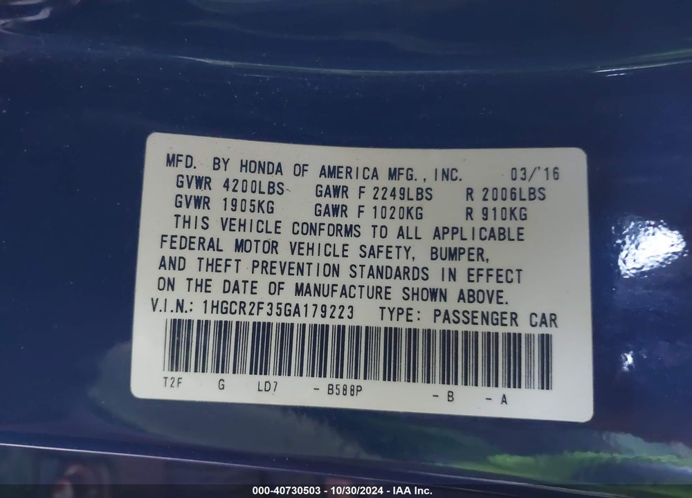 2016 HONDA ACCORD LX VIN: 1HGCR2F35GA179223