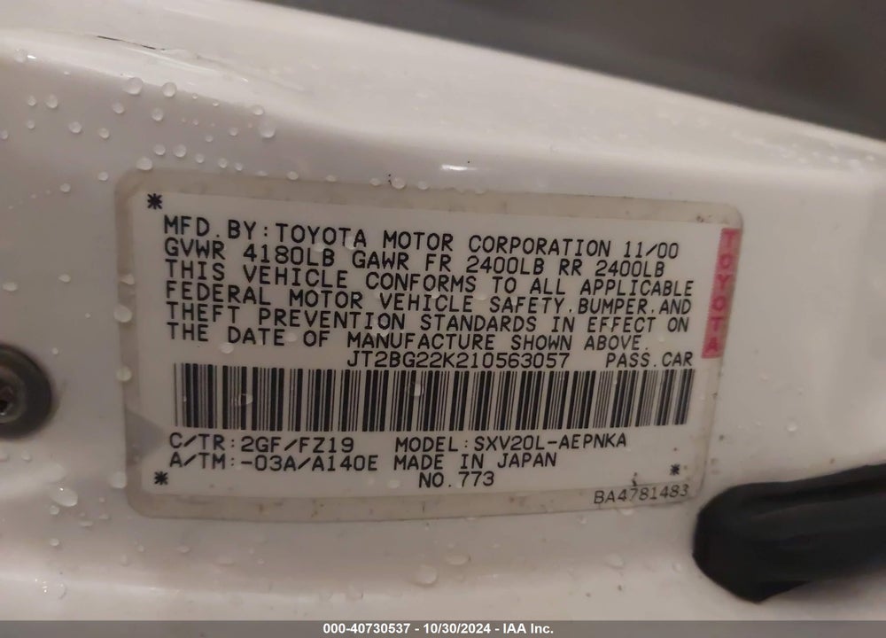 2001 TOYOTA CAMRY LE VIN: JT2BG22K210563057