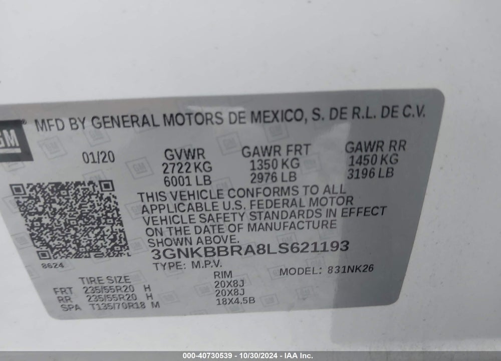 2020 CHEVROLET BLAZER FWD 1LT VIN: 3GNKBBRA8LS621193