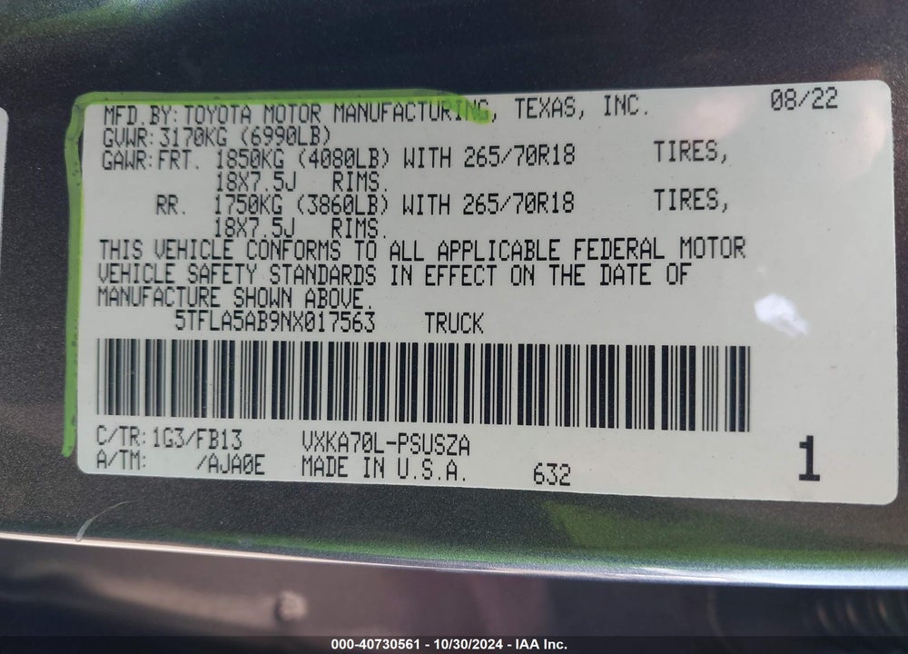 2022 TOYOTA TUNDRA SR5 VIN: 5TFLA5AB9NX017563