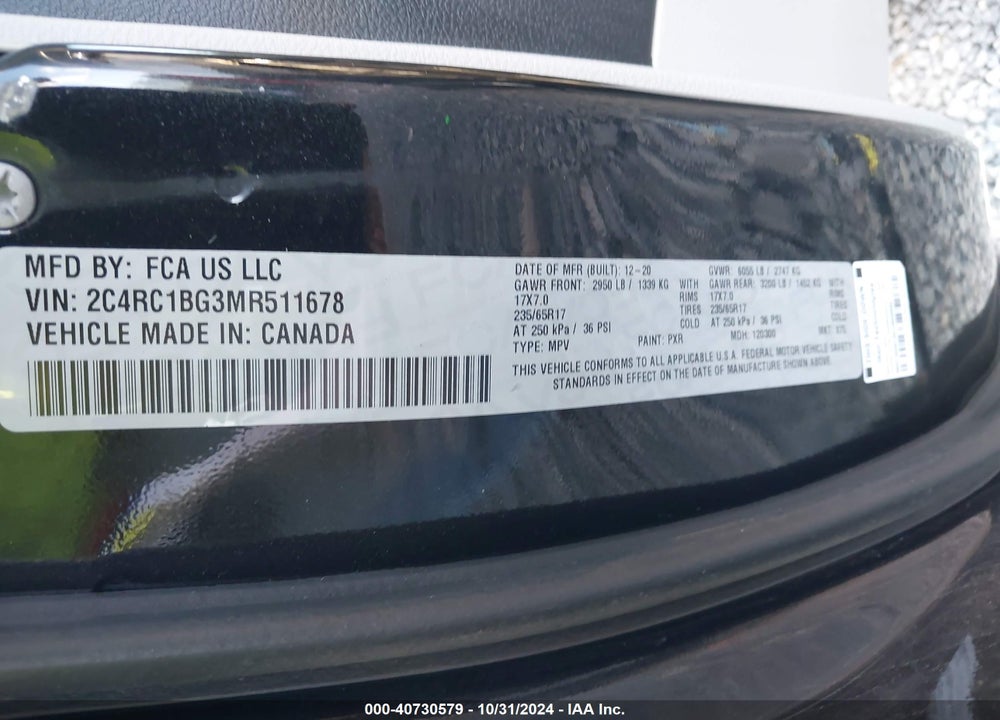 2021 CHRYSLER PACIFICA TOURING L VIN: 2C4RC1BG3MR511678