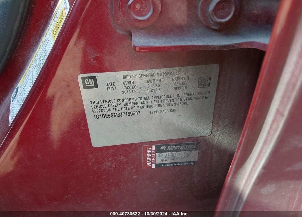 2018 CHEVROLET CRUZE LT AUTO VIN: 1G1BE5SM3J7159507