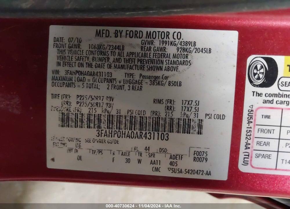2010 FORD FUSION SE VIN: 3FAHP0HA0AR431103