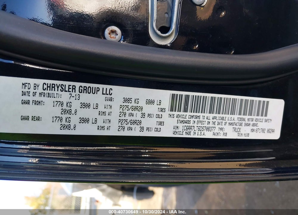2013 RAM 1500 BIG HORN VIN: 1C6RR7LT6DS708377