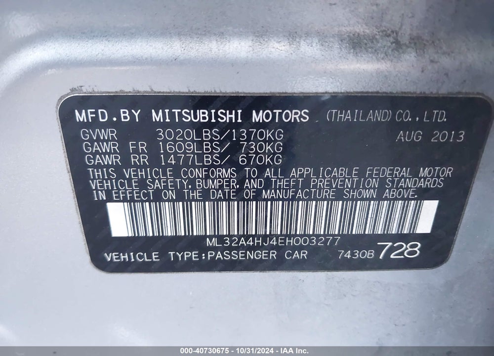 2014 MITSUBISHI MIRAGE ES VIN: ML32A4HJ4EH003277