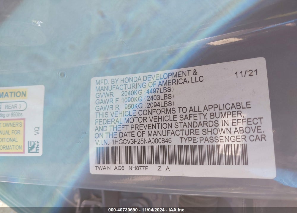 2022 HONDA ACCORD HYBRID SPORT VIN: 1HGCV3F25NA000846
