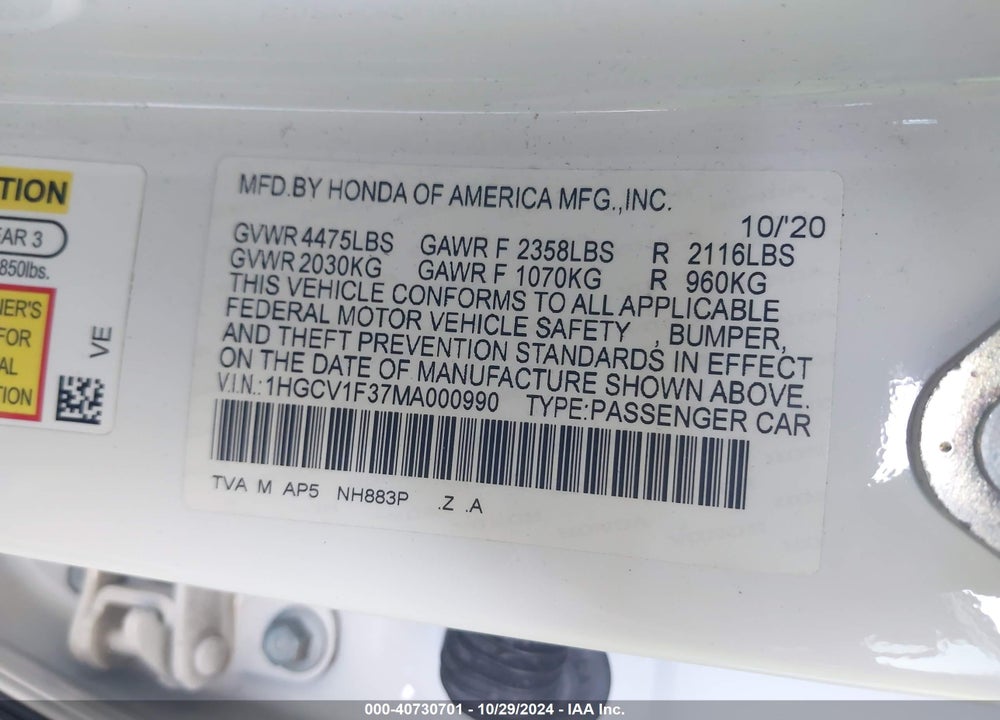 2021 HONDA ACCORD SPORT VIN: 1HGCV1F37MA000990
