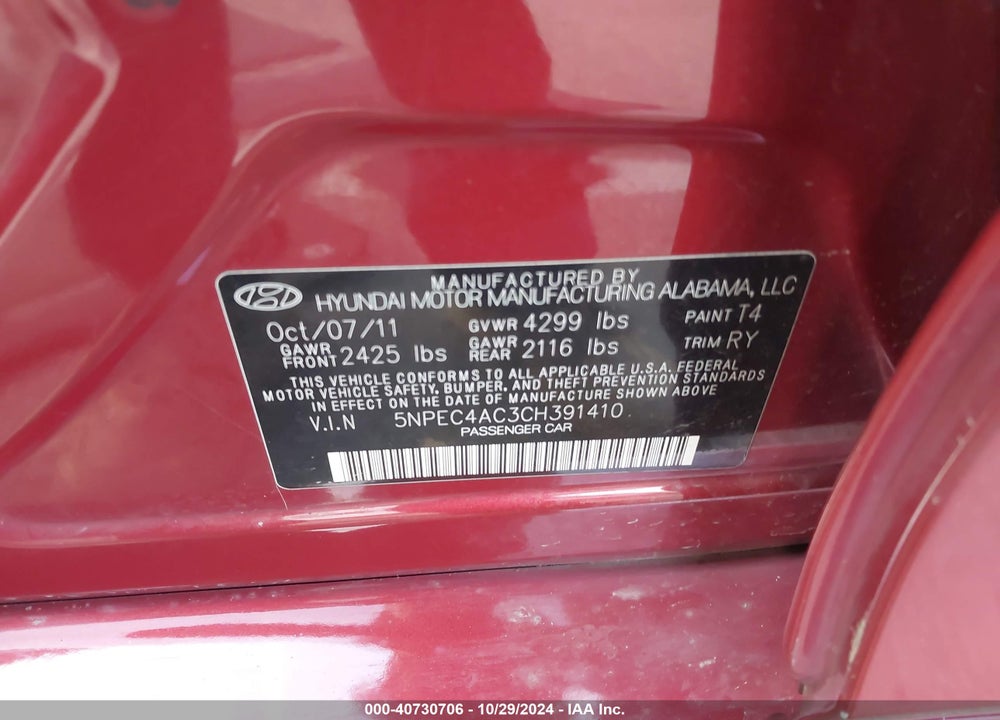 2012 HYUNDAI SONATA SE VIN: 5NPEC4AC3CH391410