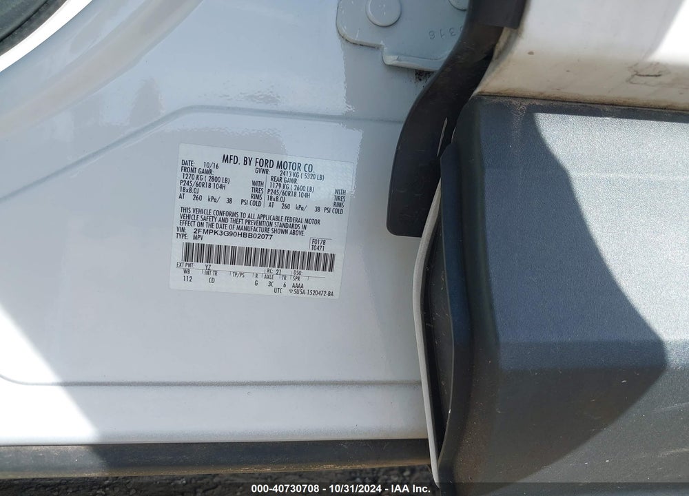 2017 FORD EDGE SE VIN: 2FMPK3G90HBB02077