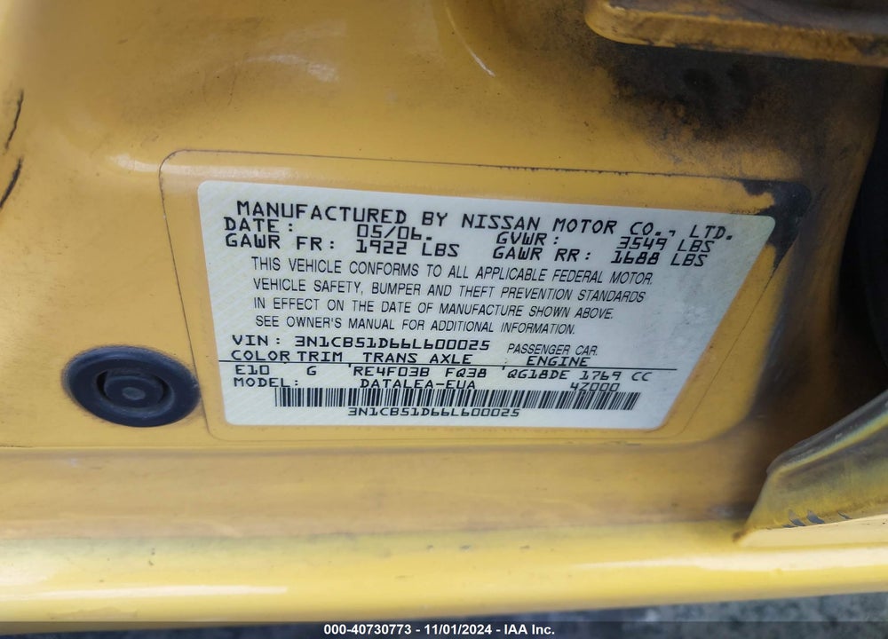 2006 NISSAN SENTRA 1.8S VIN: 3N1CB51D66L600025