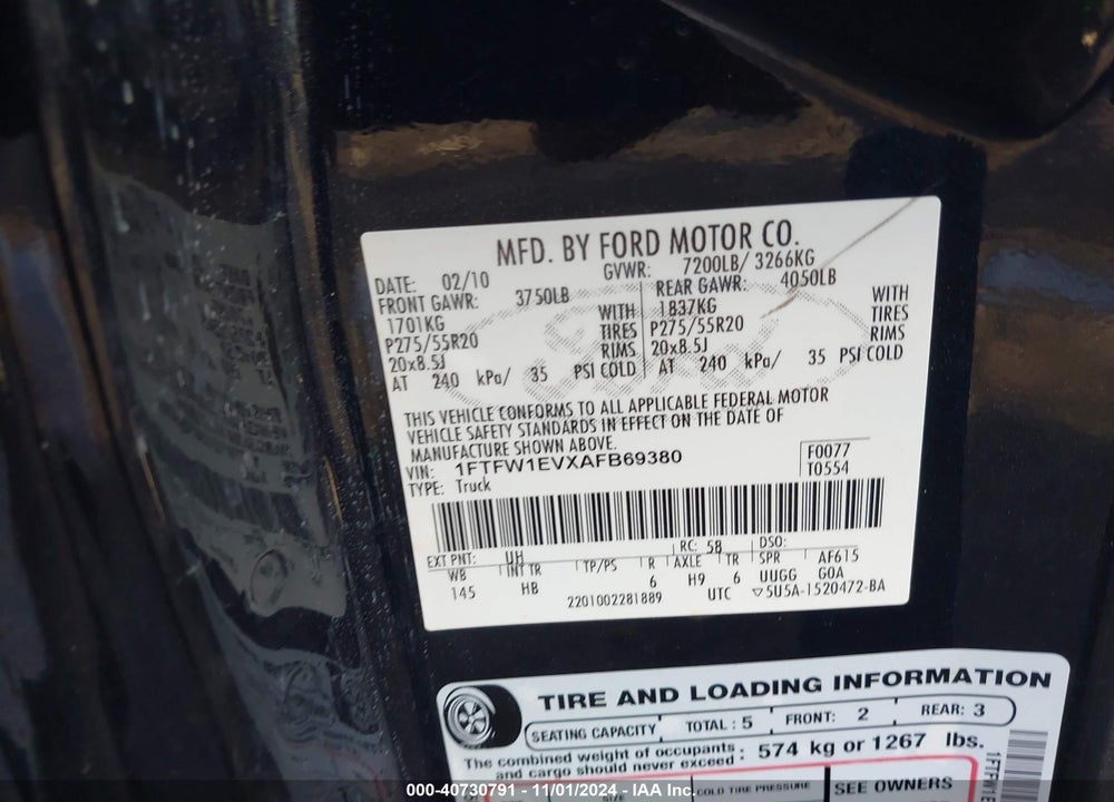 2010 FORD F-150 VIN: 1FTFW1EVXAFB69380