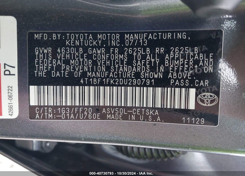 2013 TOYOTA CAMRY SE VIN: 4T1BF1FK2DU290791