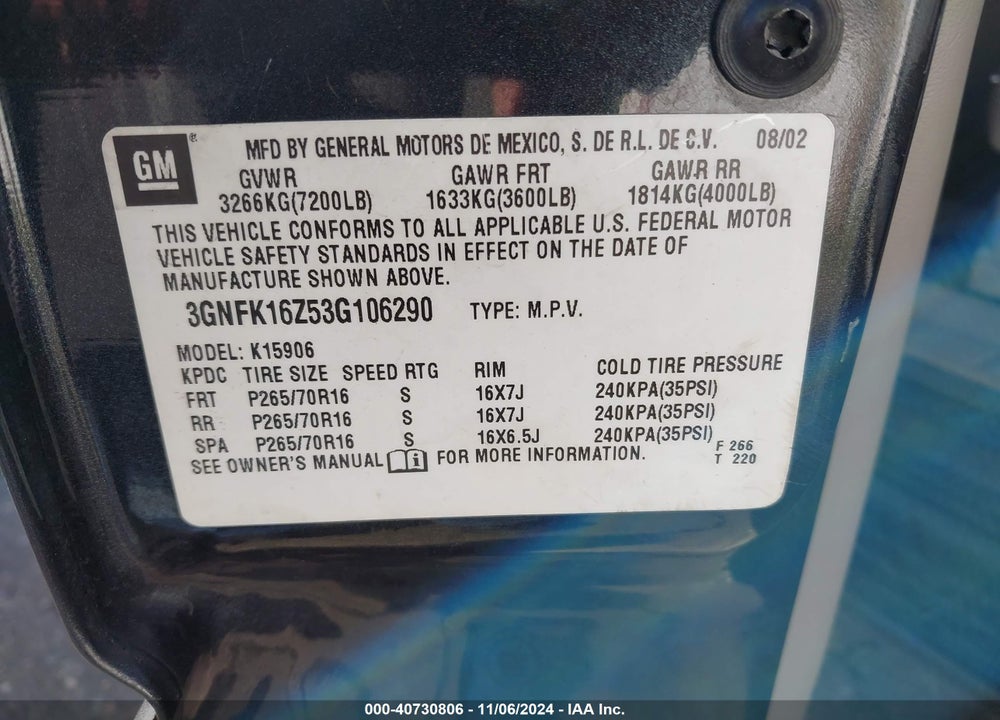 2003 CHEVROLET SUBURBAN 1500 LT VIN: 3GNFK16Z53G106290
