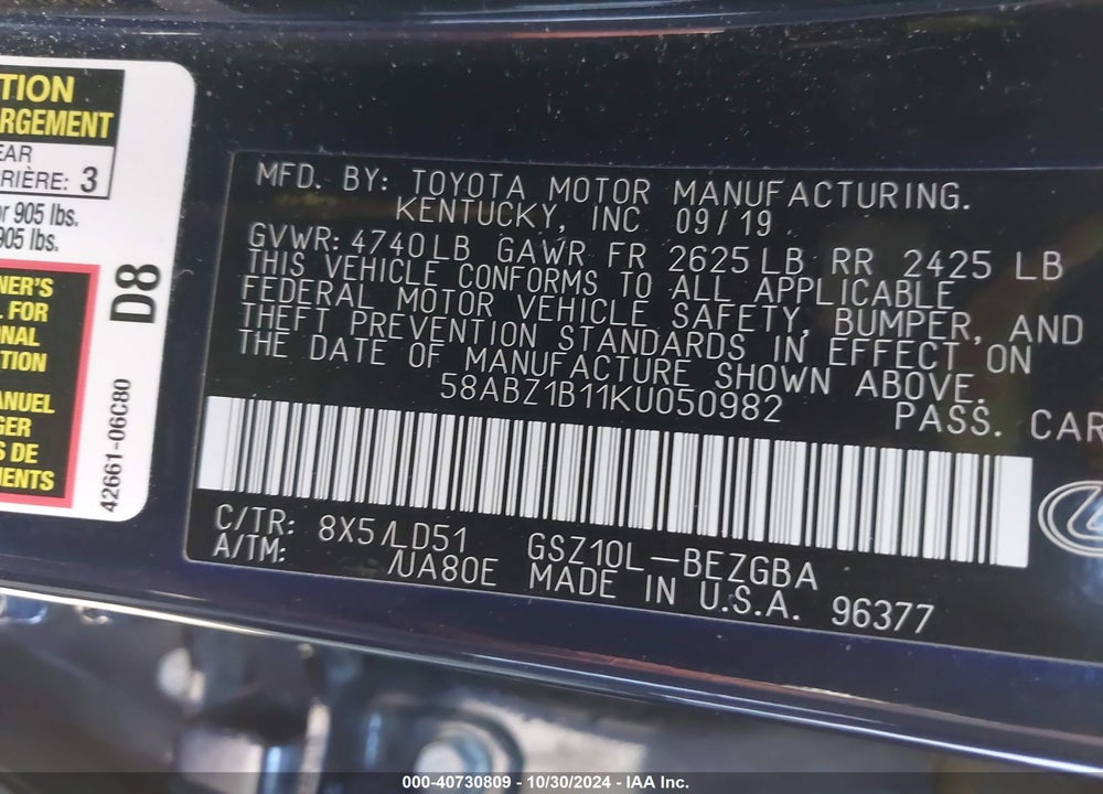 2019 LEXUS ES 350 VIN: 58ABZ1B11KU050982