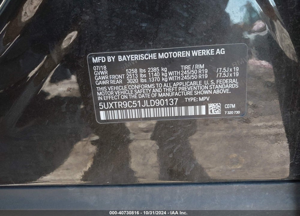 2018 BMW X3 XDRIVE30I VIN: 5UXTR9C51JLD90137