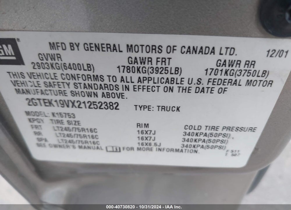 2002 GMC SIERRA 1500 SLE VIN: 2GTEK19VX21252382
