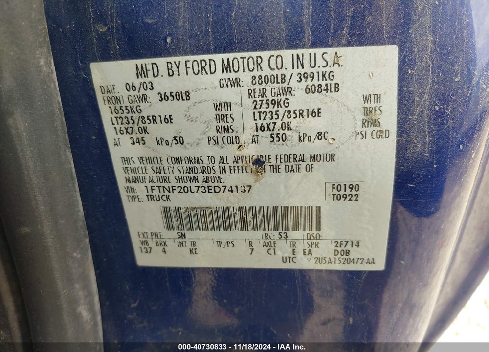 2003 FORD F-250 XL/XLT VIN: 1FTNF20L73ED74137