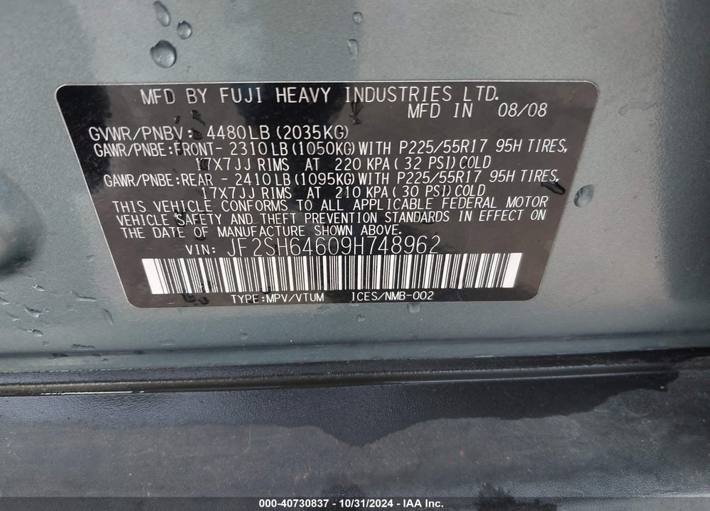 2009 SUBARU FORESTER 2.5X LIMITED VIN: JF2SH64609H748962