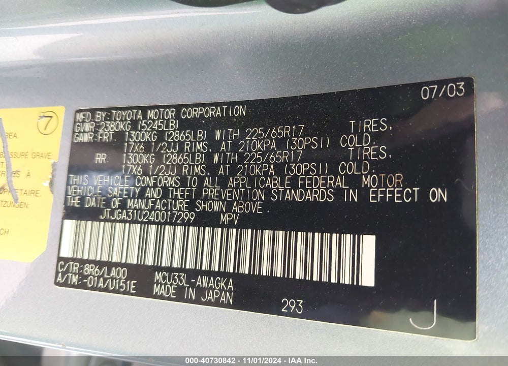 2004 LEXUS RX 330 BASE (A5) VIN: JTJGA31U240017299