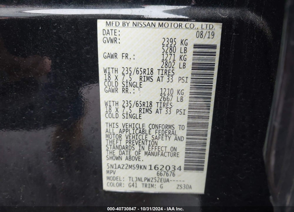 2019 NISSAN MURANO S VIN: 5N1AZ2MS9KN162034