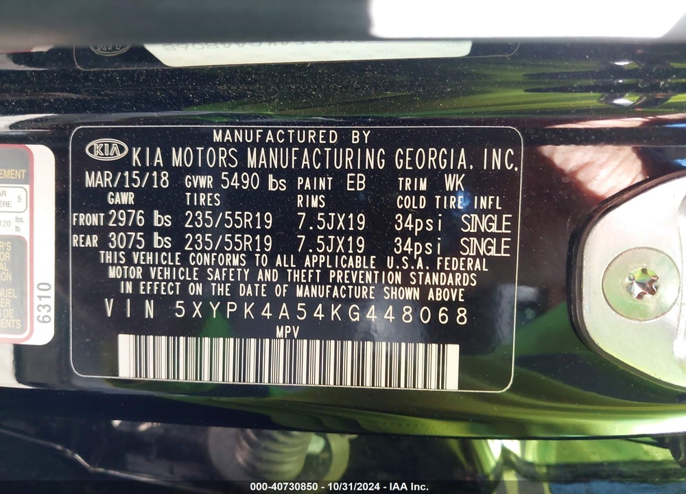 2019 KIA SORENTO 3.3L SXL VIN: 5XYPK4A54KG448068