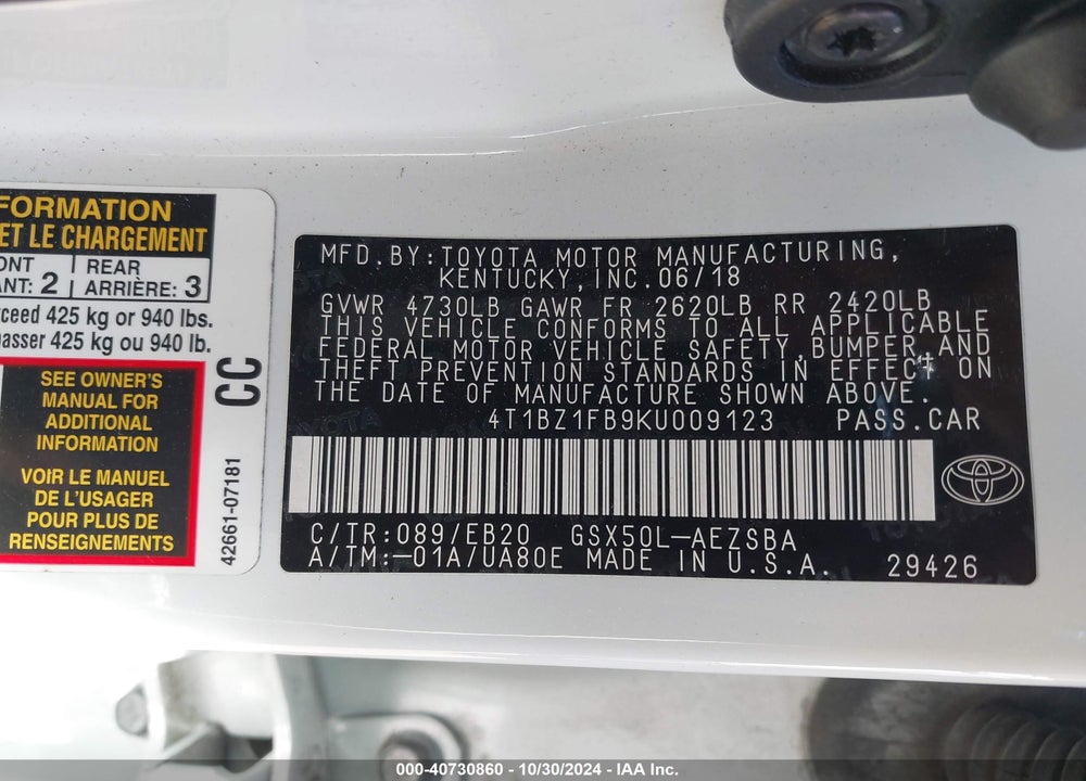 2019 TOYOTA AVALON TOURING VIN: 4T1BZ1FB9KU009123
