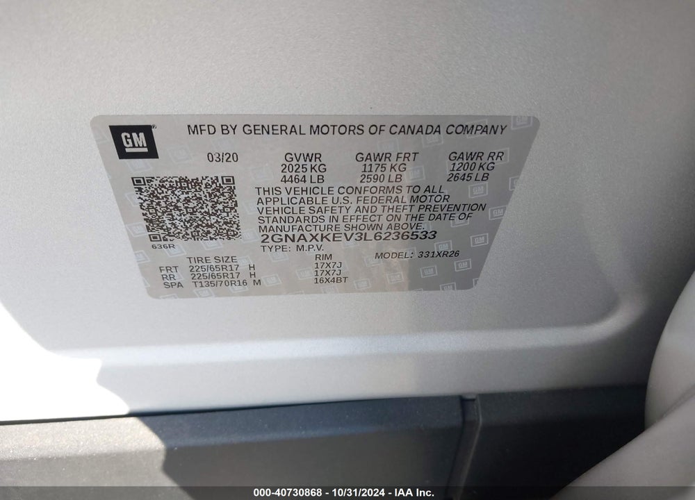 2020 CHEVROLET EQUINOX FWD LT 1.5L TURBO VIN: 2GNAXKEV3L6236533