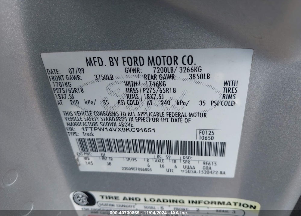2009 FORD F-150 FX4/KING RANCH/LARIAT/PLATINUM/XL/XLT VIN: 1FTPW14VX9KC91651