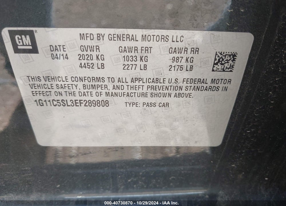 2014 CHEVROLET MALIBU VIN: 1G11C5SL3EF289808