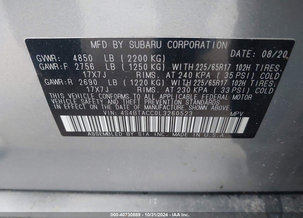 2020 SUBARU OUTBACK PREMIUM VIN: 4S4BTACC0L3260523