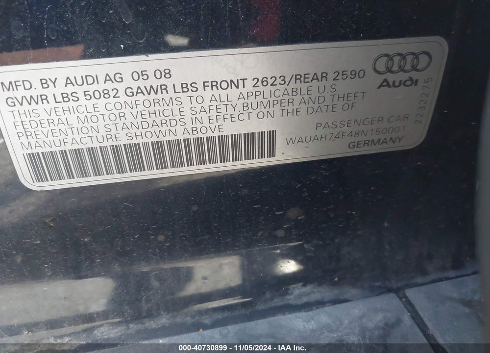 2008 AUDI A6 3.2 VIN: WAUAH74F48N150001