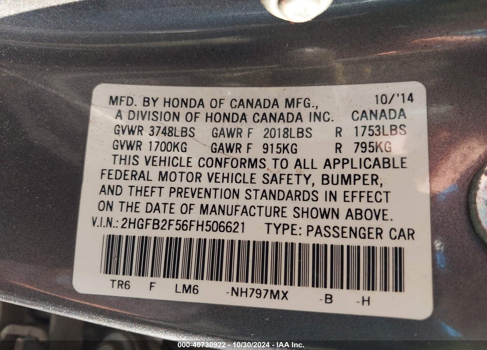 2015 HONDA CIVIC LX VIN: 2HGFB2F56FH506621